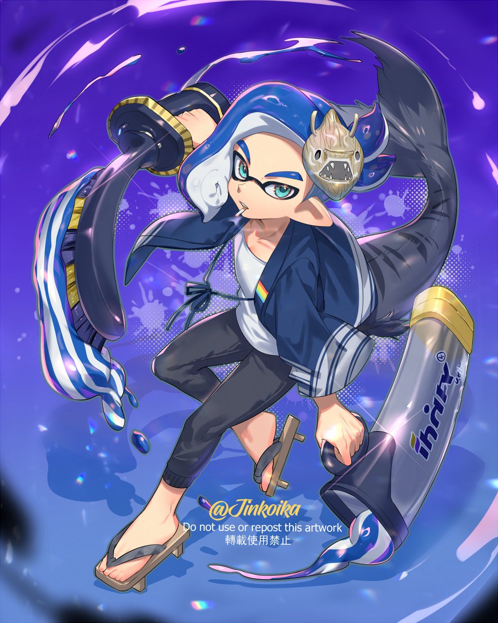 1boy black_pants blue_background blue_eyes blue_hair cigarette commentary_request decavitator_(splatoon) dual_wielding fake_tail fins fish_tail geta glint highres holding holding_sword holding_weapon inkling inkling_boy inkling_player_character jinkoika looking_at_viewer male_focus mask medium_hair nintendo pants pointy_ears shark_tail simple_background solo splatoon_(series) splatoon_3 sword tail tank_top tentacle_hair toes toothpaste unworn_mask weapon white_tank_top