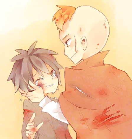 2boys black_hair blood blood_on_clothes cape chibi darren_shan gomahichi hands_on_another&#039;s_face injury larten_crepsley lowres multiple_boys one_eye_closed red_hair scar scar_on_face short_hair tears the_saga_of_darren_shan