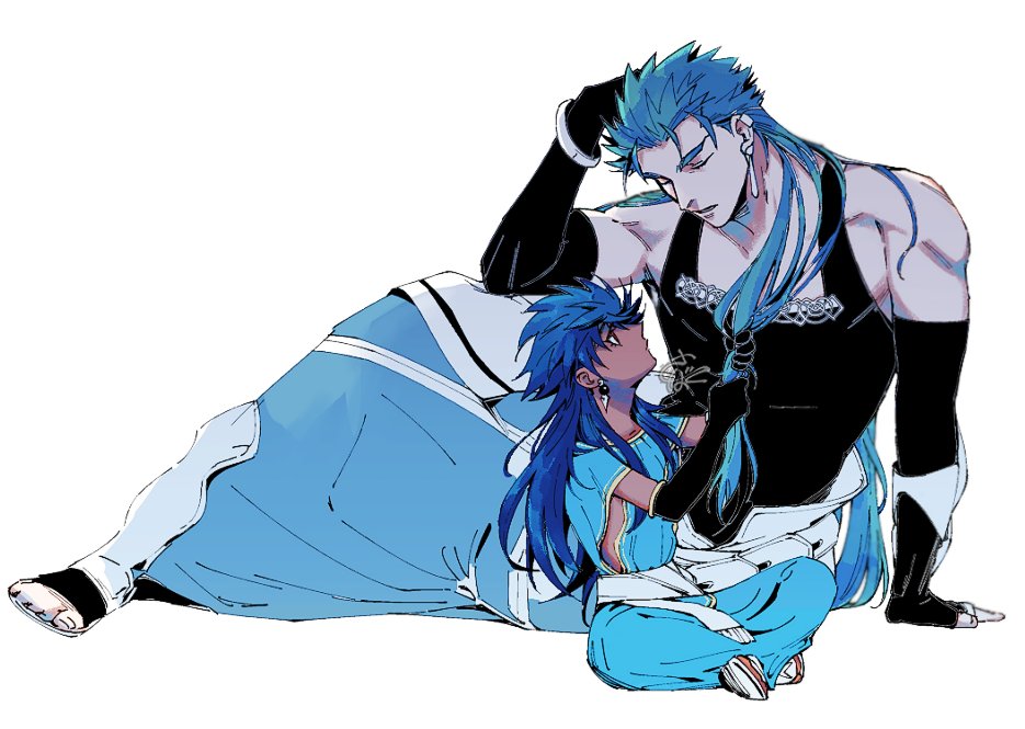 1boy 1other aged_down bare_shoulders black_gloves black_shirt blue_hair blue_robe bracelet child closed_eyes cu_chulainn_(caster)_(fate) cu_chulainn_(fate) earrings elbow_gloves fate/grand_order fate_(series) full_body gloves hand_on_own_head holding_another&#039;s_hair indian_style jewelry long_hair looking_at_another lying male_focus multiple_boys muscular muscular_male ponytail profile red_eyes robe romulus_quirinus_(fate) sbdugite shirt simple_background sitting sleeveless spiked_hair tan white_background