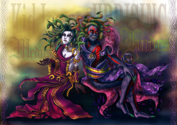 1boy 1girl armlet barefoot black_hair black_sclera breasts cape cleavage colored_sclera colored_skin earrings fingernails green_hair hades_(kid_icarus) jewelry kid_icarus kid_icarus_uprising long_fingernails medusa_(kid_icarus) monster_girl multicolored_hair necklace nintendo open_mouth orange_eyes pale_skin purple_skin red_hair sitting snake snake_hair tattoo white_skin yellow_eyes