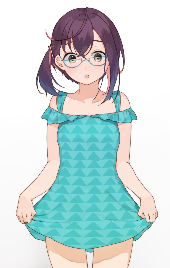 1girl aqua-framed_eyewear aqua_one-piece_swimsuit black_hair blue-framed_eyewear casual_one-piece_swimsuit commission dress_swimsuit green_eyes kantai_collection looking_at_viewer mitsuyo_(mituyo324) multicolored_hair okinami_(kancolle) okinami_(swimsuit)_(kancolle) one-piece_swimsuit pink_hair short_hair simple_background skirt_hold solo swimsuit swimsuit_skirt triangle_print