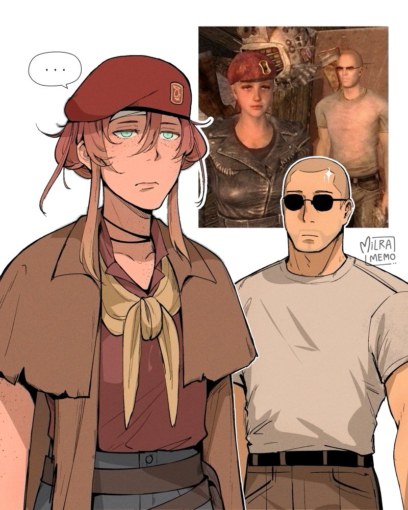 ... 1boy 1girl bandaged_head bandages beret blue_eyes brown_hair brown_pants brown_shoes buzz_cut closed_mouth collared_shirt commentary courier_(fallout:_new_vegas) craig_boone ed-e english_commentary fallout fallout:_new_vegas game_screenshot_inset glint grey_shirt half-closed_eyes hat milramemo noelle_(milramemo) pants red_hat shirt shoes short_hair short_sleeves signature simple_background spoken_ellipsis sunglasses very_short_hair white_background