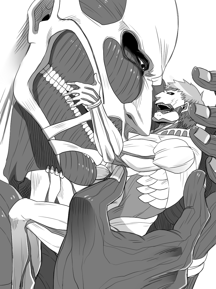 2boys armored_titan bald carrying carrying_person colossal_titan feet_out_of_frame from_side giant giant_male greyscale highres male_focus monochrome monster_boy multiple_boys shingeki_no_kyojin size_difference tanotsuku_daisuke titan_(shingeki_no_kyojin) toned toned_male yaoi
