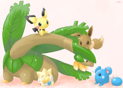 azurill blue_eyes blush brown_eyes closed_eyes closed_mouth eevee gen_1_pokemon gen_2_pokemon gen_3_pokemon green_eyes iinano_(inanosuke) long_neck nintendo no_humans pichu pokemon pokemon_(creature) sitting smile togepi tropius wings