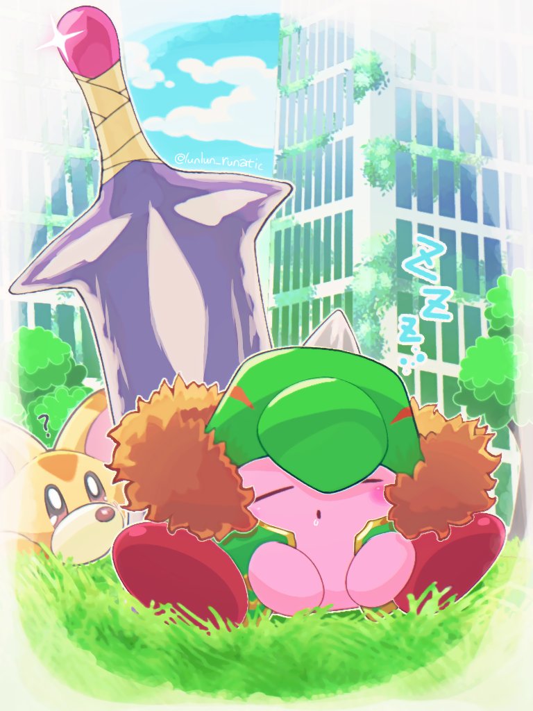 ? awoofy blue_sky closed_eyes closed_mouth cloud drooling gigant_sword_kirby kirby kirby_(series) kirby_and_the_forgotten_land nintendo no_humans on_grass runachikku saliva sitting sky skyline sleeping sword_kirby white_background zzz