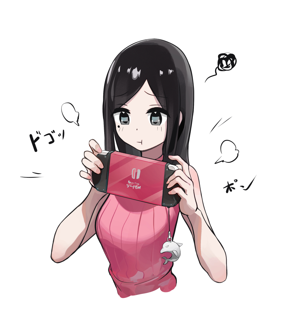 1girl :t animal_charm bare_arms bare_shoulders black_eyes black_hair commentary_request cropped_torso handheld_game_console holding holding_handheld_game_console long_hair mo0o0rae mole mole_under_eye nintendo_switch parted_bangs pink_sweater playing_games pout puff_of_air ribbed_sweater sakurai_touko senpai_ga_uzai_kouhai_no_hanashi simple_background sleeveless sleeveless_sweater solo sound_effects squiggle sweater translation_request white_background