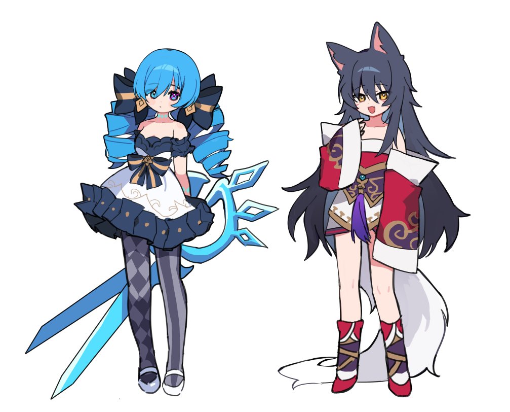 2girls :d ahri_(league_of_legends) alternate_costume animal_ears bare_shoulders black_bow black_dress black_hair bow dress drill_hair facial_mark fox_ears fox_girl fox_tail green_hair grey_pantyhose gwen_(league_of_legends) hair_bow holding holding_scissors kitsune korean_clothes kyuubi league_of_legends long_hair looking_at_viewer multiple_girls multiple_tails open_mouth pantyhose pelicana scissors smile standing tail twin_drills twintails whisker_markings white_dress yellow_eyes