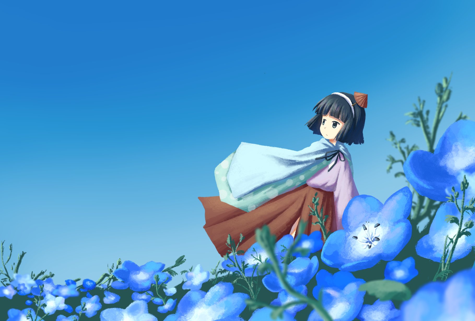 1other amanomiya_jun androgynous baila_kuangzi black_hair black_ribbon blue_cape blue_eyes blue_flower blue_sky blunt_bangs blunt_ends cape day expressionless field floating_cape floating_clothes flower flower_field full_body hairband hakama hakama_skirt highres japanese_clothes len'en long_sleeves neck_ribbon other_focus outdoors parted_lips pink_shirt polka_dot_cape red_hakama ribbon shirt short_hair side_slit skirt sky solo umbrella_hair_ornament white_hairband wind