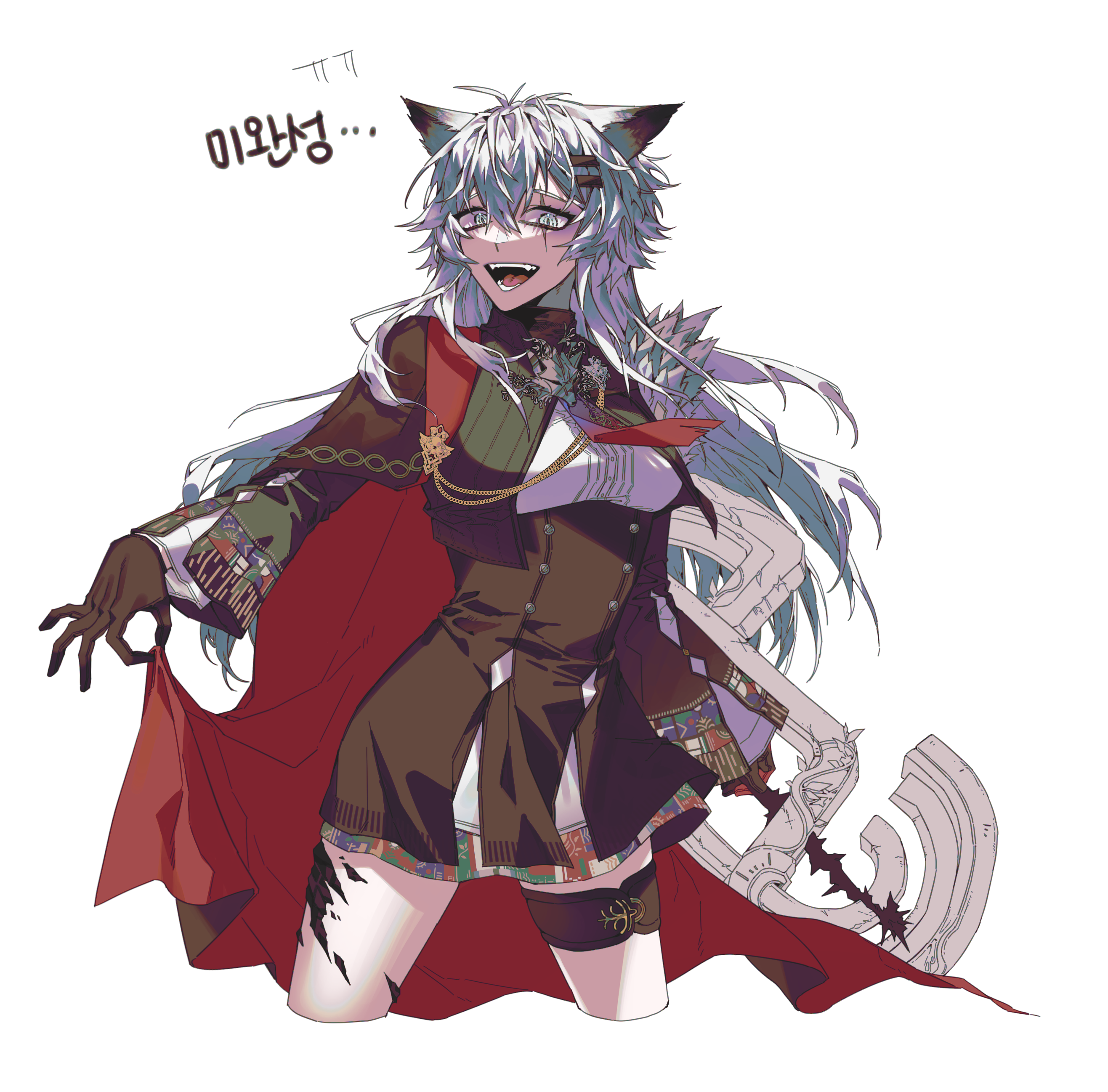 1girl absurdres aiguillette animal_ears arknights bolo_tie brown_gloves brown_skirt cape cape_hold cropped_legs gloves grey_eyes hair_ornament hairclip high-waist_skirt highres holding kimiseung08 korean_text lappland_(arknights) lappland_the_decadenza_(arknights) long_hair long_sleeves looking_at_viewer material_growth multicolored_hair open_mouth oripathy_lesion_(arknights) pink_hair red_cape scar scar_across_eye scar_on_face simple_background skirt solo standing streaked_hair translation_request white_background white_hair wolf_ears wolf_girl