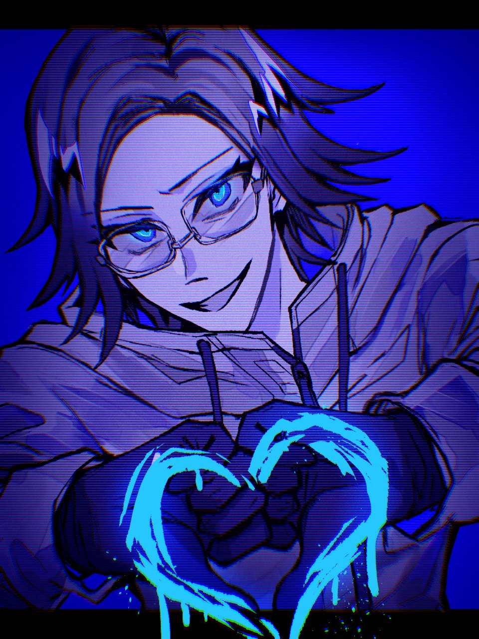 1boy aotsuki_eito black_gloves blue_background blue_eyes commentary english_commentary evil_grin evil_smile glasses gloves grey_hair grin heart heart_hands highres jacket letterboxed long_sleeves looking_at_viewer male_focus mixed-language_commentary scanlines short_hair simple_background smile solo spoilers the_hundred_line_-last_defense_academy- thumbs_down thumbs_down_heart_hands upper_body white_jacket xima2ssk