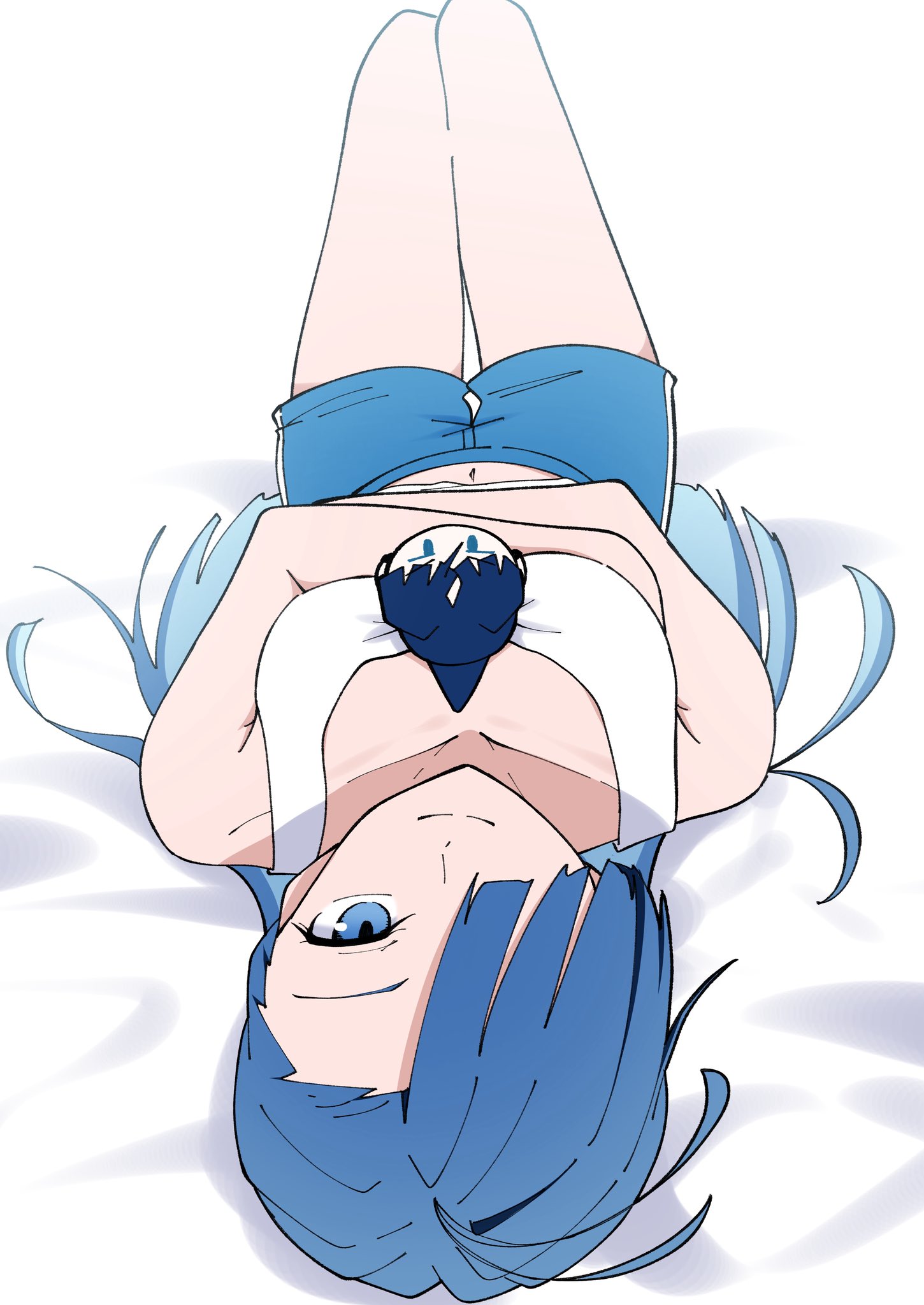 1girl ado_(utaite) blue_eyes blue_hair blue_shorts character_doll closed_mouth collarbone commentary_request doll hair_over_one_eye highres long_hair looking_at_viewer lying merry_(ado) naima_(ado) nori_(norinori_yrl) on_back readymade_(ado) shorts solo tank_top usseewa white_tank_top