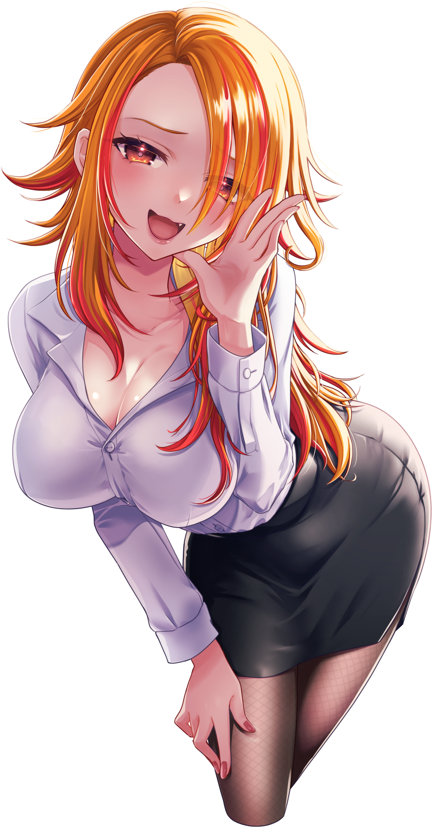 1girl alternate_breast_size alternate_costume alternate_hairstyle bent_over black_skirt blush breasts cleavage collared_shirt commentary_request cowboy_shot eyes_visible_through_hair fang hair_between_eyes hair_over_one_eye hand_up highres kazami_kuku large_breasts lipstick long_hair long_sleeves looking_at_viewer makeup nail_polish nanashi_inc. office_lady open_mouth orange_eyes orange_hair pencil_skirt red_hair reona_kfc02 shirt simple_background skirt smile solo transparent_background variant_set virtual_youtuber white_shirt