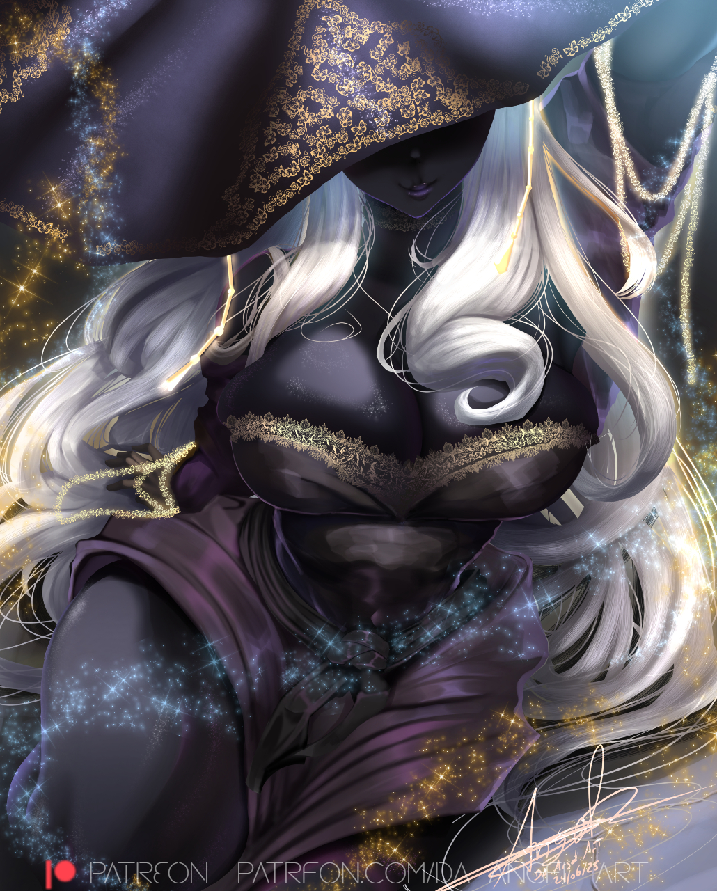 1girl angel_kun black_skin breasts cleavage colored_skin commission dark-skinned_female dark_skin elden_ring elden_ring_nightreign facing_viewer hat hat_over_eyes highres huge_breasts large_hat long_hair patreon_logo purple_hat purple_sleeves recluse_(elden_ring) solo very_long_hair white_hair witch witch_hat
