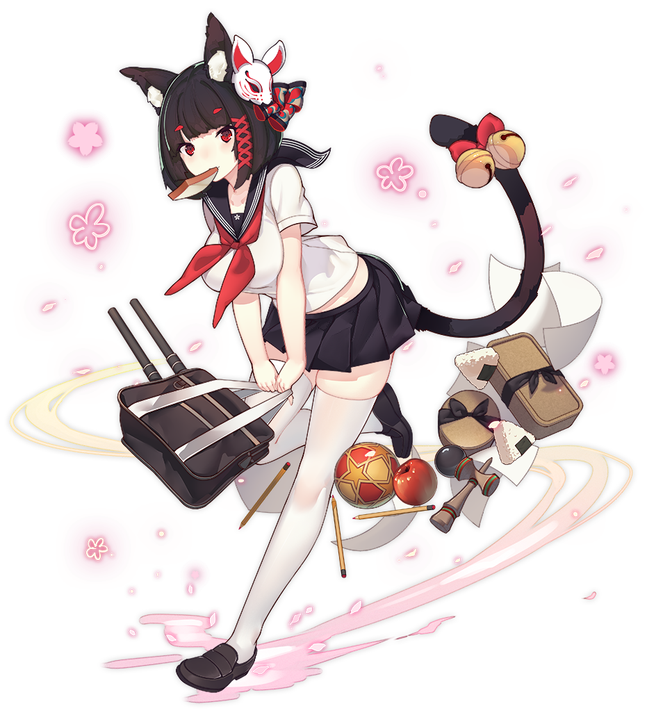 1girl animal_ear_fluff animal_ears azur_lane bag ball bell black_hair black_sailor_collar black_shoes black_skirt bow bread breasts cannon cat_ears cat_girl cat_tail female_focus food food_in_mouth fox_mask full_body hair_bow hair_ornament holding holding_bag jingle_bell large_breasts leg_up loafers looking_at_viewer lunchbox mask mask_on_head midriff_peek miniskirt mouth_hold neckerchief official_alternate_costume official_art onigiri pencil petals pleated_skirt rain_lan red_eyes red_neckerchief sailor_collar school_bag school_uniform serafuku shirt shoes short_hair short_sleeves skirt solo tail tail_bow tail_ornament tail_raised thighhighs transparent_background white_shirt white_thighhighs x_hair_ornament yamashiro_(azur_lane) yamashiro_(street_corner_offensive!)_(azur_lane) zettai_ryouiki