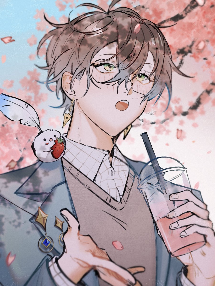1boy :o blue_hair blurry blurry_background brown_hair cherry_blossoms collared_shirt cup disposable_cup drinking_straw earrings falling_petals food from_below fruit glasses gradient_hair green_eyes hanami highres holding holding_cup ike_eveland jewelry looking_up male_focus multicolored_hair nijisanji nijisanji_en open_mouth petals quilldren_(ike_eveland) shirt short_hair solo strawberry teeth upper_body upper_teeth_only virtual_youtuber white_shirt yanxy114 yellow_eyes