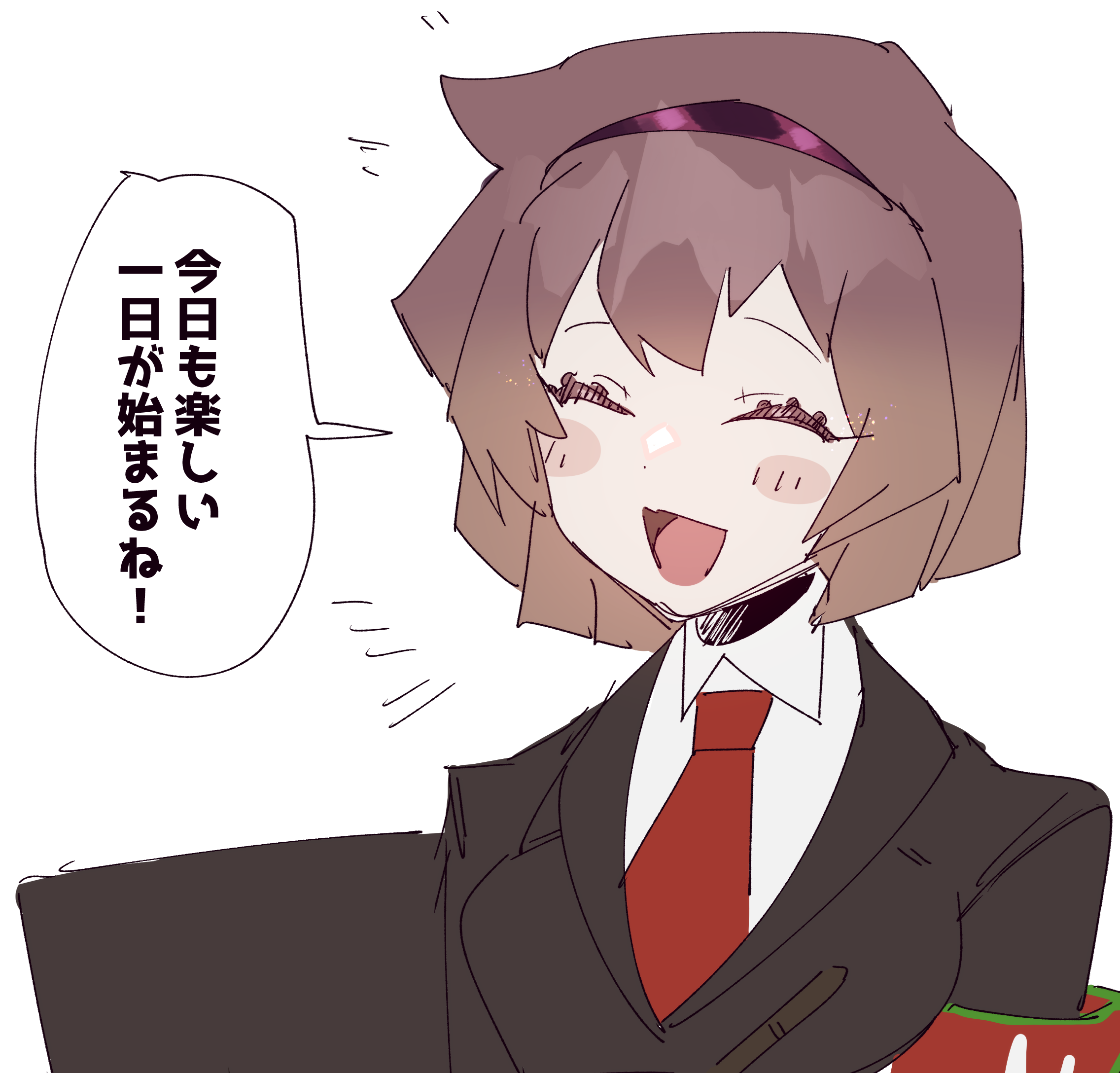 1girl armband black_hairband black_jacket blush breasts brown_hair closed_eyes collared_shirt hairband highres jacket lobotomy_corporation madotsuki_ren malkuth_(project_moon) medium_breasts necktie open_mouth project_moon red_armband red_necktie shirt short_hair simple_background smile solo white_background white_shirt