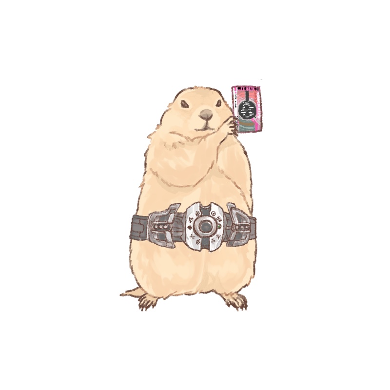 animal_focus body_fur brown_fur card check_commentary commentary_request decadriver henshin_pose holding holding_card kamen_rider kamen_rider_dcd prairie_dog py0wwk rider_card simple_background solo tail white_background
