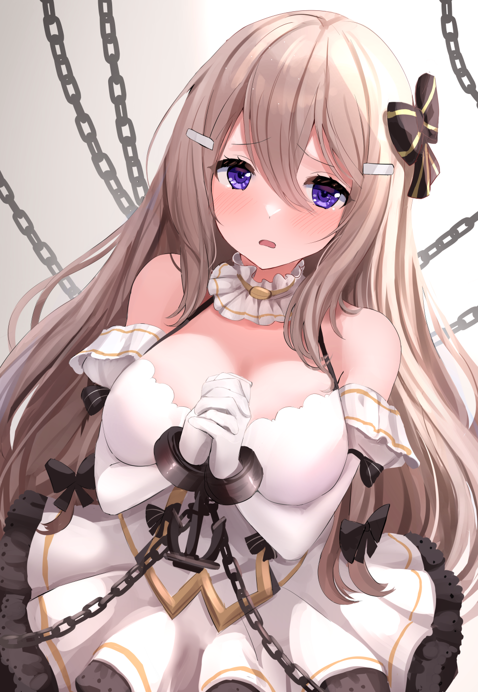1girl anchor_ornament azur_lane bare_shoulders black_bow bound bow breasts chain chained cleavage commentary_request cuffs detached_collar detached_sleeves dress fortune_(azur_lane) fortune_(retrofit)_(azur_lane) gloves grey_hair hair_between_eyes hair_bow hair_ornament halo highres large_breasts long_hair looking_at_viewer manda_(manda9n) mechanical_halo own_hands_clasped own_hands_together purple_eyes ribbon shackles simple_background solo striped_ribbon very_long_hair white_background white_dress