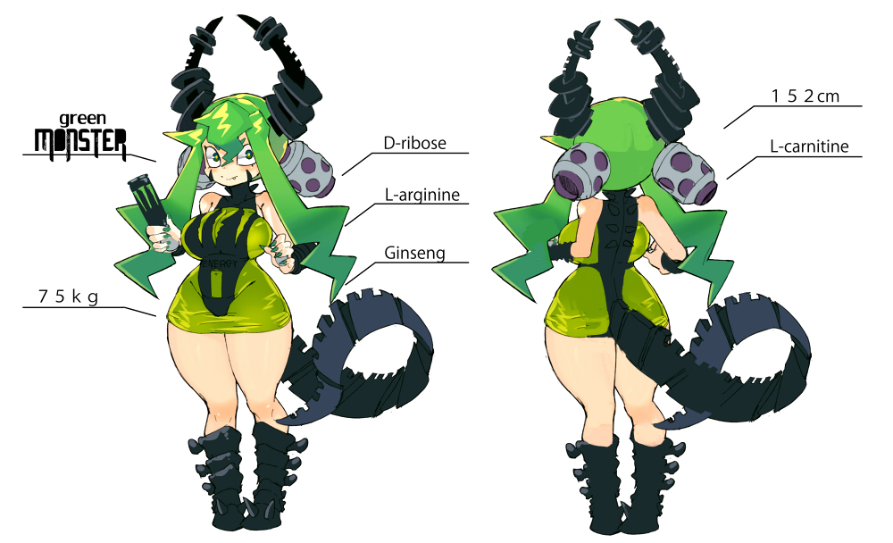 1girl bare_shoulders black_footwear boots breasts bright_pupils dress energy_drink fang fang_out green_dress green_eyes green_hair height holding horns large_breasts legs_together long_hair looking_at_viewer monster_energy monster_energy-chan multiple_views nail_polish original personification product_girl sakurai_energy simple_background skin_tight smile standing tail thick_thighs thighs weight white_background wide_hips