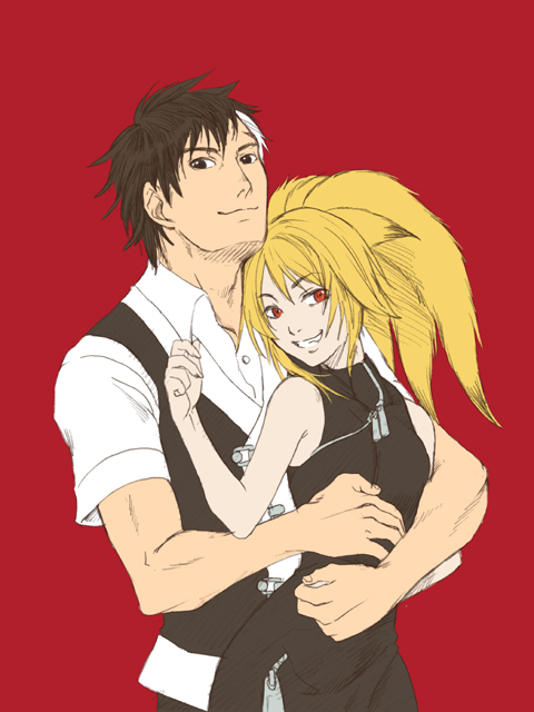 1boy 1girl animal_ears arisu_reiji blonde_hair fox_ears grin height_difference hetero hug hug_from_behind kusunoki_mori long_hair namco_x_capcom red_background red_eyes shirt short_sleeves smile vest xiaomu
