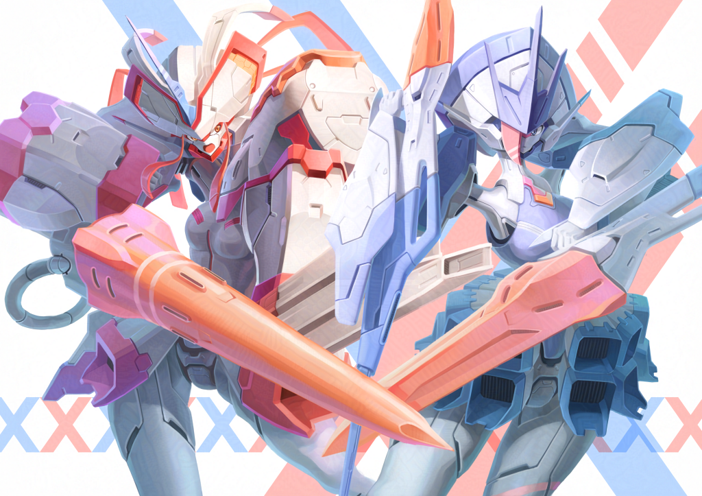 2girls android armor blue_eyes blue_horns darling_in_the_franxx delphinium_(darling_in_the_franxx) helmet_(trailblazer003) horns humanoid_robot lance mecha multiple_girls orange_eyes polearm robot robot_girl shoulder_armor single_horn skirt strelizia thighs weapon