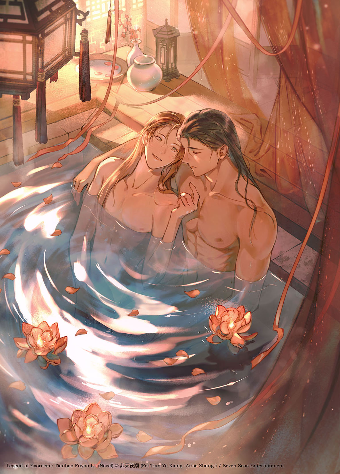 2boys aqua_eyes arm_around_shoulder bathing black_hair candle closed_eyes commentary copyright_name curtains english_commentary flower hair_down highres kkcoocool kong_hongjun lantern lattice li_jinglong long_hair looking_at_another lotus male_focus multiple_boys muscular muscular_male nipples nude official_art orange_flower orange_hair orange_petals orange_ribbon partially_submerged petals pink_flower ribbon smile tassel tianbao_fuyao_lu water wet wet_hair window yaoi
