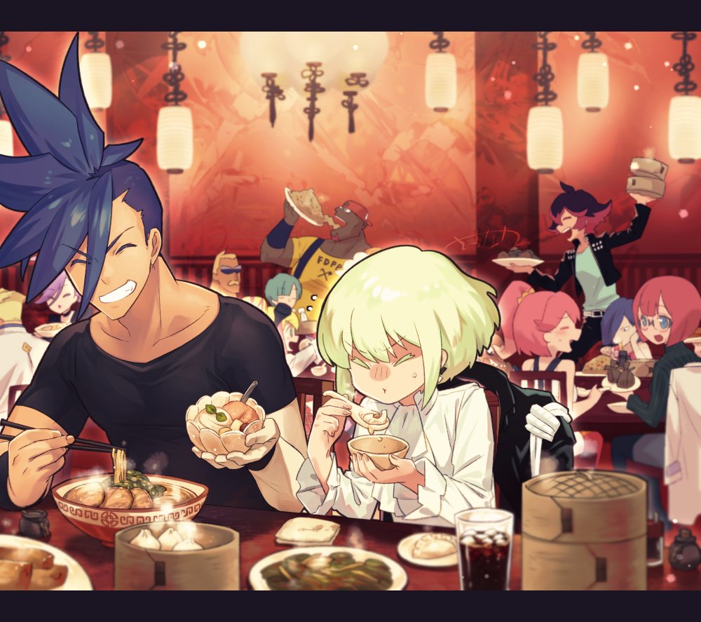 aina_ardebit biar_colossus blue_hair bowl chopsticks eating everyone closed_eyes facial_hair food galo_thymos green_hair grin gueira heris_ardebit holding holding_bowl holding_chopsticks kray_foresight lio_fotia lucia_fex meis_(promare) multiple_boys multiple_girls mustache noodles open_mouth pink_hair promare purple_hair ramen remi_puguna restaurant sacanahen siblings sisters smile soup steam sunglasses table varys_truss