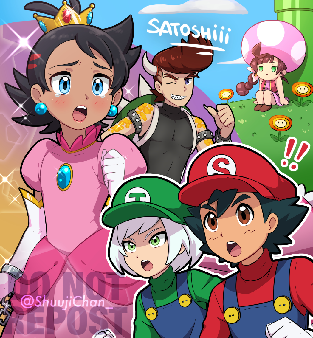 ash_ketchum bowser bowser_(cosplay) chloe_(pokemon) cosplay creatures_(company) fire_flower game_freak goh_(pokemon) hodge_(pokemon) horace_(pokemon) luigi luigi_(cosplay) mario mario_(cosplay) mario_(series) nintendo parody pokemon pokemon_(anime) pokemon_journeys princess_peach princess_peach_(cosplay) sara_bon super_mario_bros._1 toadette toadette_(cosplay) trap warp_pipe