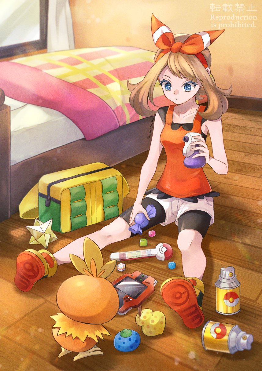 1girl bed black_shorts gen_3_pokemon hair_ribbon highres indoors looking_at_viewer may_(pokemon) nintendo pokedex pokemon pokemon_(creature) pokemon_oras potion_(pokemon) rare_candy red_ribbon red_tank_top ribbon shorts sitting tank_top torchic white_shorts wooden_floor yomogi_(black-elf)