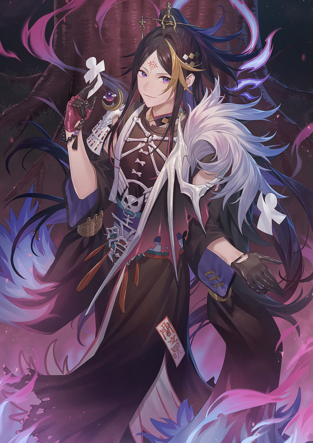 1boy black_background black_gloves black_hair blonde_hair clothing_request commentary feet_out_of_frame forehead_tattoo gloves gradient_background hair_ornament high_ponytail highres holding long_hair male_focus multicolored_hair nijisanji nijisanji_en ponytail red_background red_gloves shu_yamino shu_yamino_(2nd_costume) simple_background solo streaked_hair talisman two-tone_gloves very_long_hair virtual_youtuber wenz