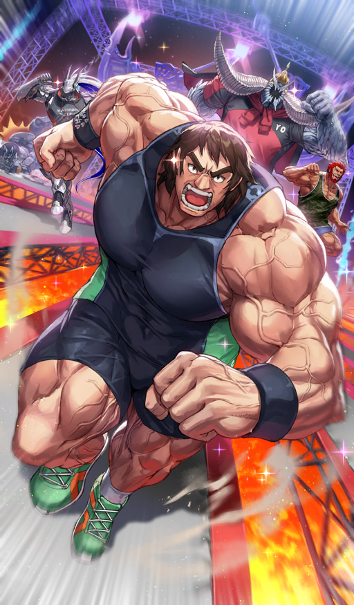bad_source bara beard biceps brown_eyes brown_hair craft_essence_(fate) dai-xt dark-skinned_male dark_skin facial_hair fate/grand_order fate_(series) horns iskandar_(fate) ivan_the_terrible_(fate) large_pectorals lava looking_at_viewer male_focus manly mature_male minamoto_no_tametomo_(fate) multiple_boys muscular muscular_arms muscular_legs muscular_male official_art open_mouth pectorals red_hair running short_hair shorts size_difference sparkle spiked_hair stage stage_lights super_orion_(fate) tank_top teeth thick_eyebrows thighs tongue veins veiny_arms wristband