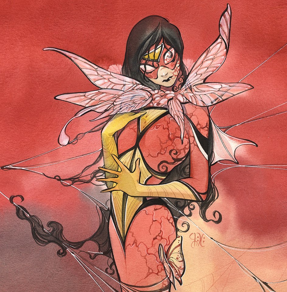 1girl bad_source black_hair black_lips bodysuit bug butterfly cover_image insect long_hair marvel mask official_art peach_momoko red_background red_bodysuit signature silk solo spider-woman spider_web superhero_costume very_long_hair