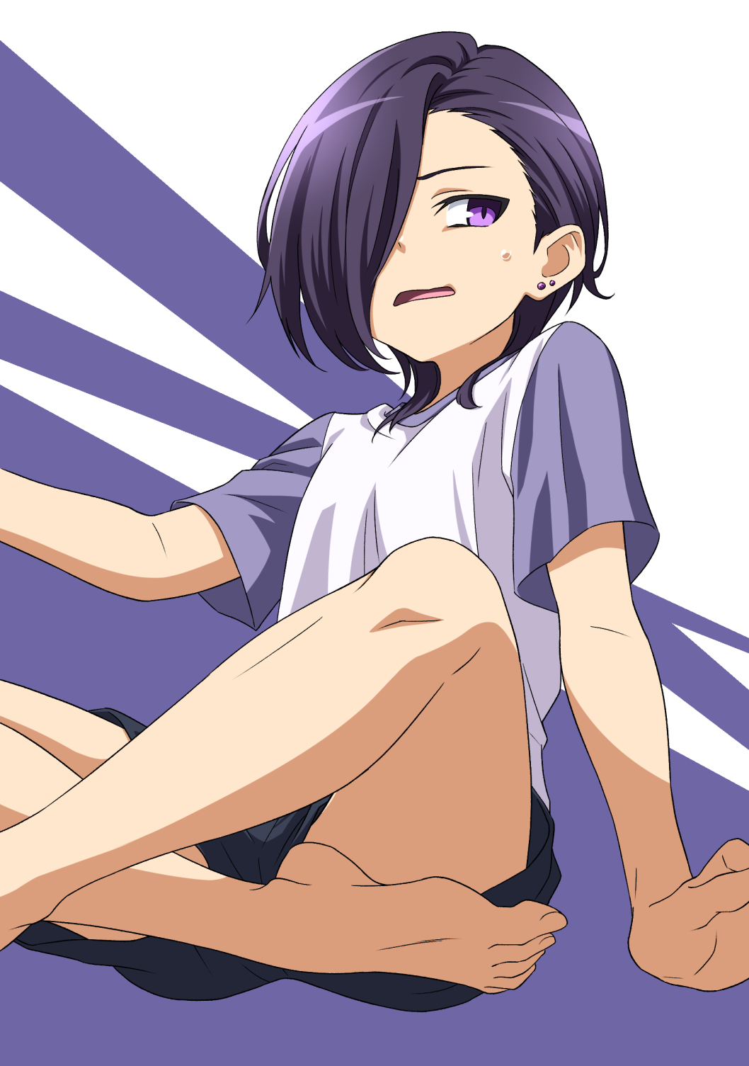 1boy barefoot dokushibuki feet hair_over_one_eye hataraku_maou-sama! highres legs male_focus open_mouth purple_eyes purple_hair shirt short_sleeves shorts solo t-shirt toenails toes urushihara_hanzou