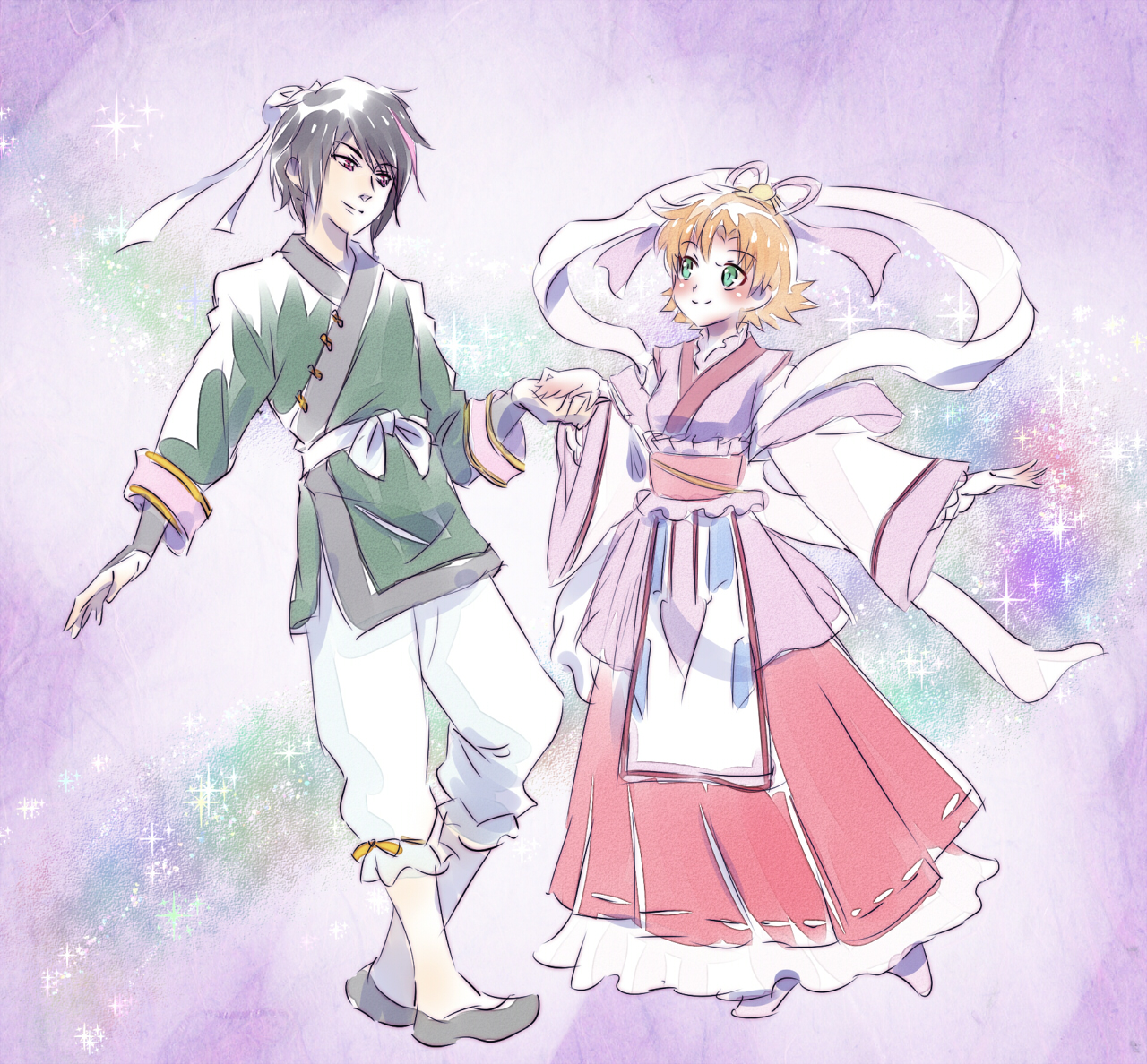 1boy 1girl black_hair chinese_clothes cosplay full_body green_eyes hagoromo hanfu hikoboshi hikoboshi_(cosplay) iesupa lie_ren nora_valkyrie orange_hair orihime_(cosplay) orihime_(tanabata) rwby shawl sparkle_background tanabata