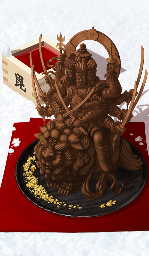akitaken_(non_faciem) bishamonten box chocolate commentary extra_arms fate/grand_order fate_(series) food food_art food_focus japanese_mythology lion multiple_heads no_humans official_art plate still_life third-party_source white_background wooden_box