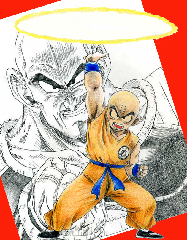 2boys bald bald_male black_eyes dragon_ball facial_hair kienzan kuririn looking_at_viewer multiple_boys muscular muscular_male nappa serious smug