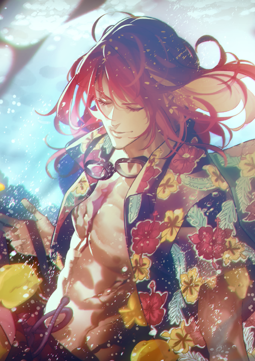 1boy closed_eyes fate/grand_order fate_(series) fish goggles goggles_around_neck hawaiian_shirt long_hair morii_shizuki nipples official_alternate_costume official_art open_clothes open_shirt red_hair shirt tristan_(chicken_of_luluhawa)_(fate) tristan_(fate) underwater