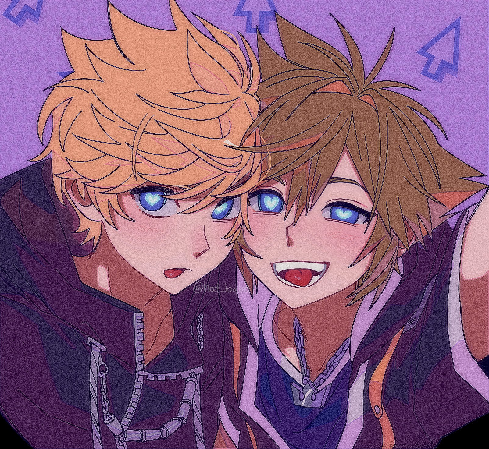 2boys black_coat_(kingdom_hearts) blonde_hair blue_eyes brown_hair crown_necklace cursor hat_babo heart heart-shaped_pupils highres kingdom_hearts male_focus multiple_boys purple_background roxas short_hair smile sora_(kingdom_hearts) spiked_hair symbol-shaped_pupils tongue tongue_out twitter_username