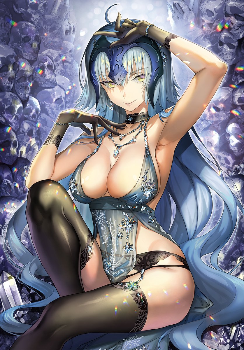 1girl ahoge arm_up armpits artoria_pendragon_(fate) artoria_pendragon_(lancer_alter)_(fate) artoria_pendragon_(lancer_alter)_(fate)_(cosplay) artoria_pendragon_(royal_icing)_(fate) artoria_pendragon_(royal_icing)_(fate)_(cosplay) babydoll bare_shoulders black_panties blue_hair bracelet breasts choker cleavage collarbone commentary_request cosplay craft_essence_(fate) crystal crystal_skull fate/grand_order fate_(series) female_focus garter_belt garter_straps gloves groin hands_up headpiece highres jeanne_d&#039;arc_(fate) jeanne_d&#039;arc_alter_(avenger)_(fate) jeanne_d&#039;arc_alter_(fate) jewelry knee_up large_breasts lingerie long_hair looking_at_viewer multicolored_hair necklace official_alternate_costume panties revealing_clothes revision sage_joh see-through_clothes silver_hair sitting skull smile solo thighhighs underwear yellow_eyes