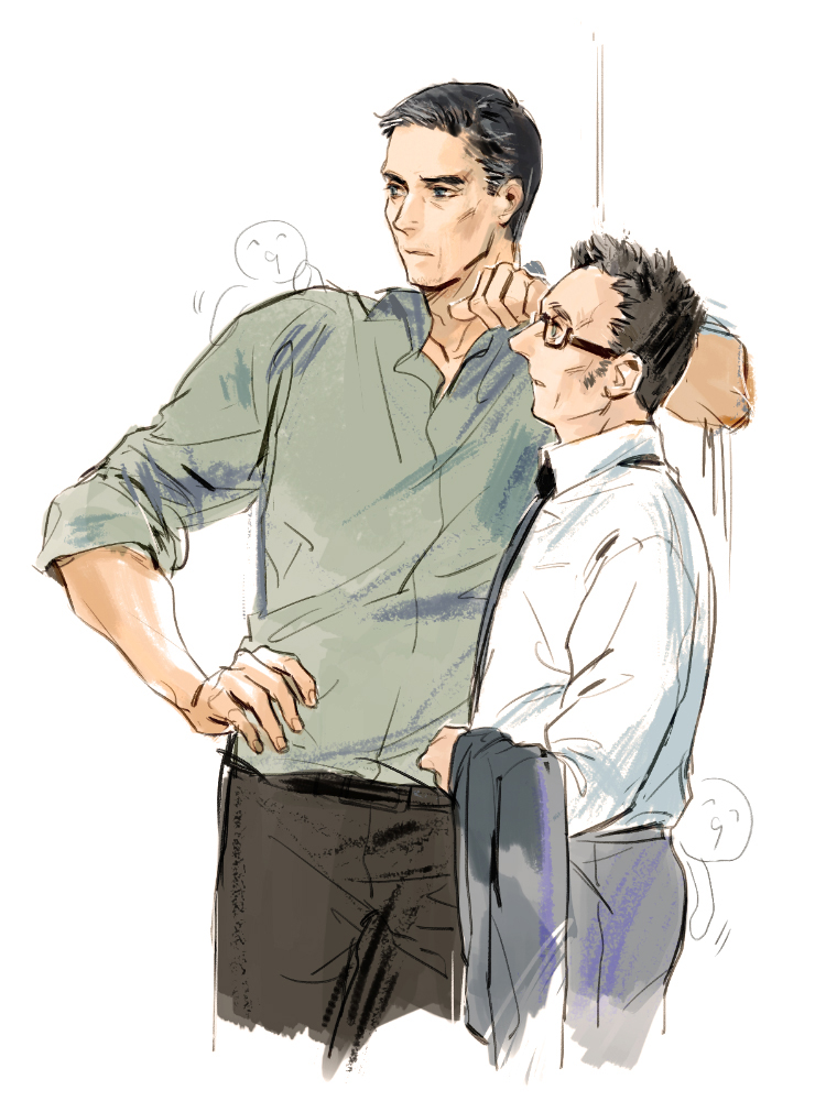 2boys against_wall black_hair chibi chibi_inset cropped_legs dark-skinned_male dark_skin from_side glasses grey_hair hair_slicked_back hand_on_own_hip harold_finch_(person_of_interest) jacket john_reese_(person_of_interest) looking_ahead male_focus mature_male multicolored_hair multiple_boys parted_lips person_of_interest profile rectangular_eyewear short_hair sideburns simple_background streaked_hair unworn_jacket white_background wwwe314