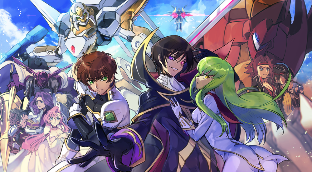 black_gloves black_hair breasts brown_hair c.c. character_request cleavage code_geass cornelia_li_britannia dark_skin dress euphemia_li_britannia floating_hair geass gloucester_(code_geass) gloves green_eyes green_hair guren_(code_geass) guren_mk-ii hair_intakes headband jacket kouzuki_kallen kururugi_suzaku lancelot_(code_geass) lancelot_z-01 lelouch_vi_britannia long_hair mecha medium_breasts military military_uniform multiple_boys multiple_girls order_of_the_black_knights_uniform pants parted_lips pilot_suit pink_hair purple_hair red_hair red_headband robot scar shida_(xwheel) smile v-shaped_eyebrows very_long_hair white_dress white_jacket white_neckwear white_pants yellow_eyes