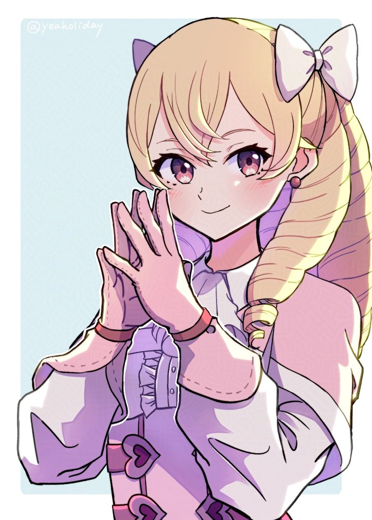 1girl artist_name blonde_hair blue_background border bow closed_mouth commentary_request double-parted_bangs drill_hair eyelashes fire_emblem fire_emblem_awakening gloves gogatsu_(yeaholiday) hair_bow maribelle_(fire_emblem) nintendo outside_border pink_gloves smile solo twitter_username upper_body white_border white_bow