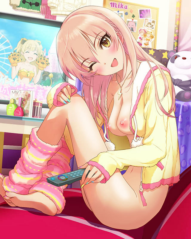 2girls ;d annindoufu_(oicon) barefoot blush bottomless breasts casual_nudity cleavage controller corkboard crossed_legs eyelashes feet hair_down head_tilt hood hoodie idolmaster idolmaster_cinderella_girls indoors jacket jewelry jougasaki_mika jougasaki_rika leg_warmers legs legs_folded long_hair looking_at_viewer multicolored_nail_polish multiple_girls nail_polish necklace nipples no_bra no_panties nude_filter one_eye_closed open_clothes open_jacket open_mouth photo_(object) pink_hair pink_outfit remote_control room shorts siblings sisters sitting small_breasts smile soles solo solo_focus television thighs third-party_edit toeless_legwear toenail_polish toenails toes tsurime wink yellow_eyes yellow_jacket