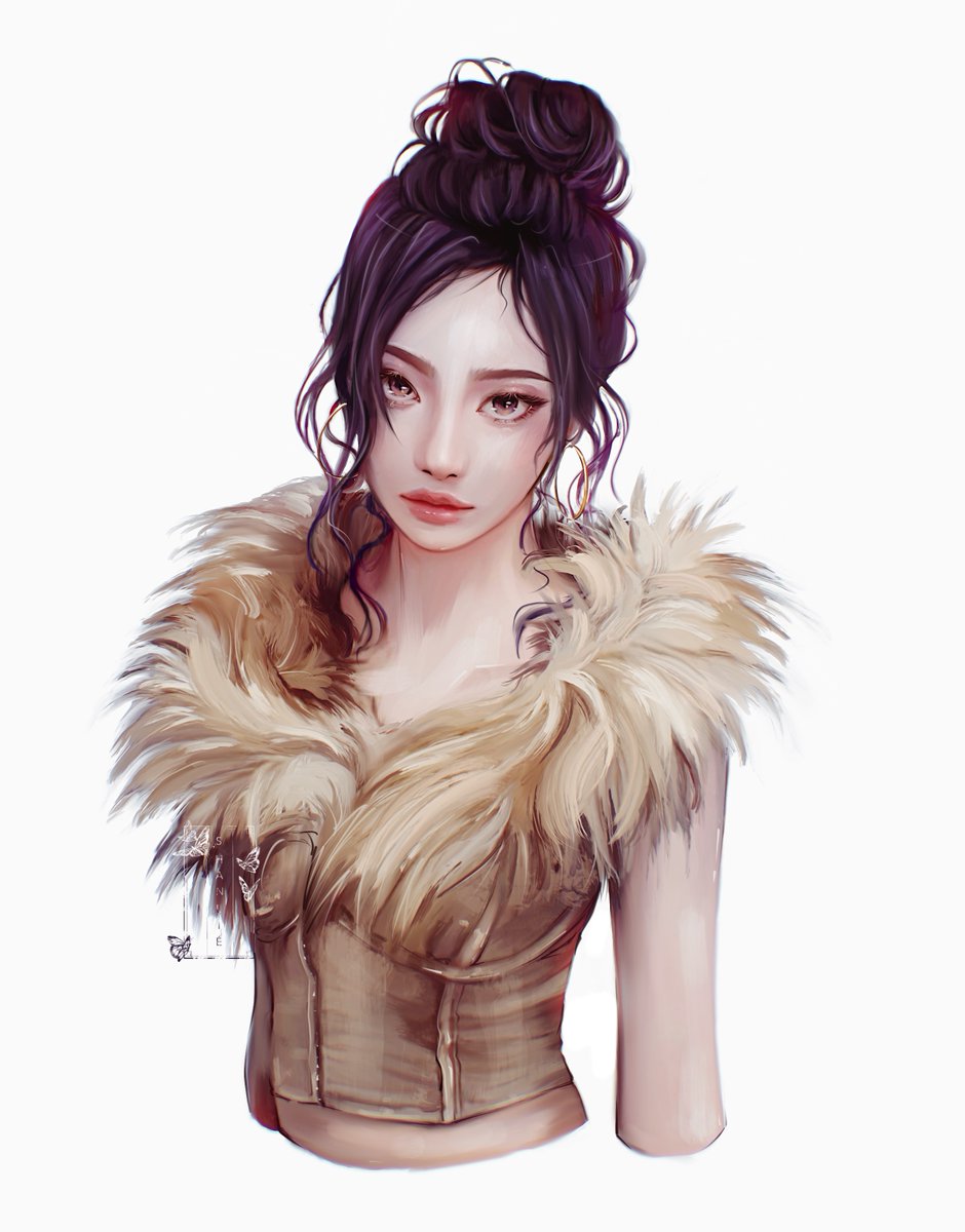 1girl aespa asian black_eyes black_hair breasts brown_shirt commentary earrings english_commentary expressionless fur-trimmed_shirt fur_trim grey_background hair_bun head_tilt highres jewelry looking_at_viewer ningning_(aespa) real_life realistic shanlieart shirt single_hair_bun sleeveless sleeveless_shirt small_breasts solo upper_body