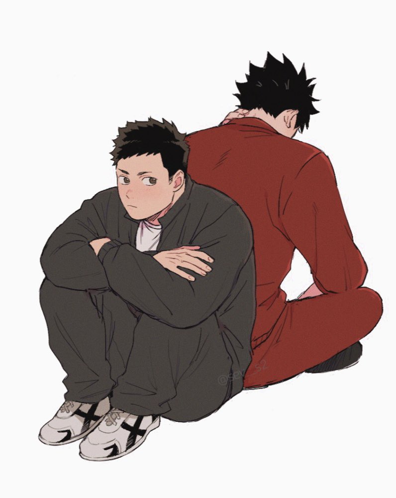 2boys back-to-back black_hair black_jacket black_pants brown_eyes closed_mouth commentary_request crew_neck crossed_arms haikyuu!! hand_on_own_neck indian_style jacket kuroo_tetsurou long_sleeves looking_back male_focus multiple_boys pants red_jacket red_pants sawamura_daichi sev_s2 shirt shoes sideburns simple_background sitting sneakers white_background white_shirt