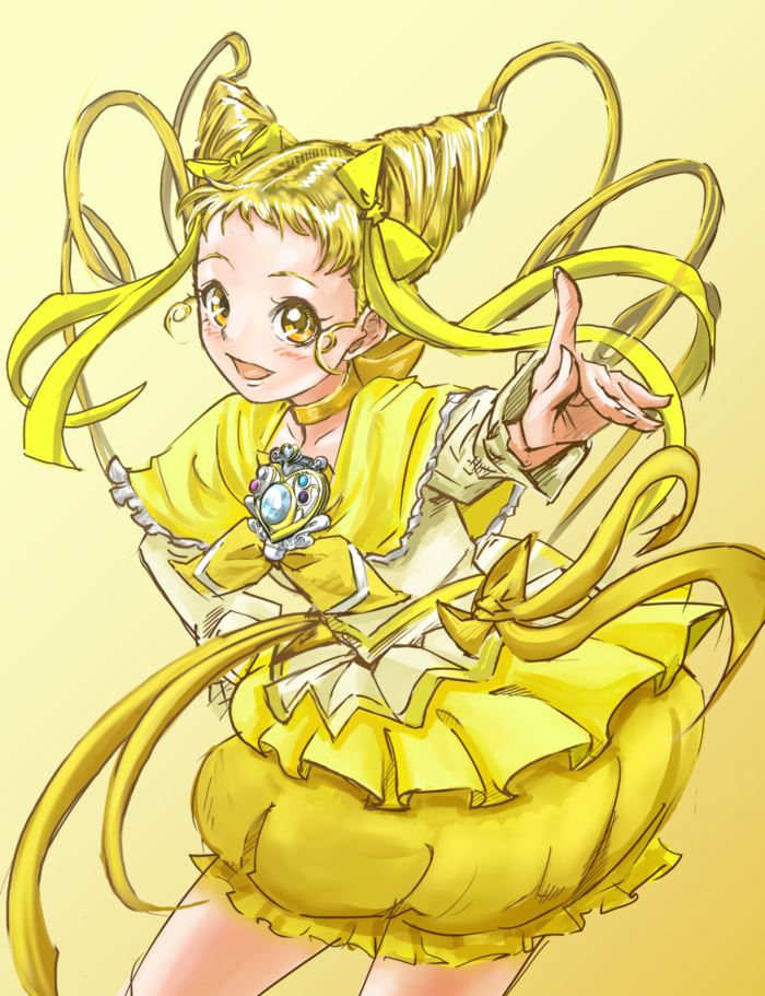 1girl blonde_hair blush bow brooch bubble_skirt choker color_connection cone_hair_bun cosplay cure_lemonade cure_muse_(cosplay) cure_muse_(yellow) cure_muse_(yellow)_(cosplay) double_bun dress drill_hair female_focus frills goru_(cure_golgom) hair_bun hair_ribbon hand_on_own_hip hip_focus jewelry kasugano_urara_(yes!_precure_5) long_hair precure ribbon skirt smile solo suite_precure twin_drills twintails yellow_background yellow_dress yellow_eyes yellow_ribbon yellow_skirt yellow_theme yes!_precure_5