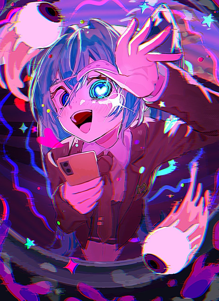 1girl aqua_eyes aqua_hair arm_up baniraandk35222 black_skirt blush breasts cardigan cellphone chromatic_aberration collared_shirt eyeball eyepatch eyepatch_lift freckles glitch hair_intakes hatsune_miku heart heart-shaped_pupils highres holding holding_phone jacket long_hair medical_eyepatch mismatched_pupils monitoring_(vocaloid) necktie open_clothes open_jacket open_mouth phone pov_peephole red_jacket red_necktie shirt skirt smartphone smile solo star_(symbol) symbol-shaped_pupils teeth tongue upper_teeth_only vocaloid white_shirt yellow_cardigan
