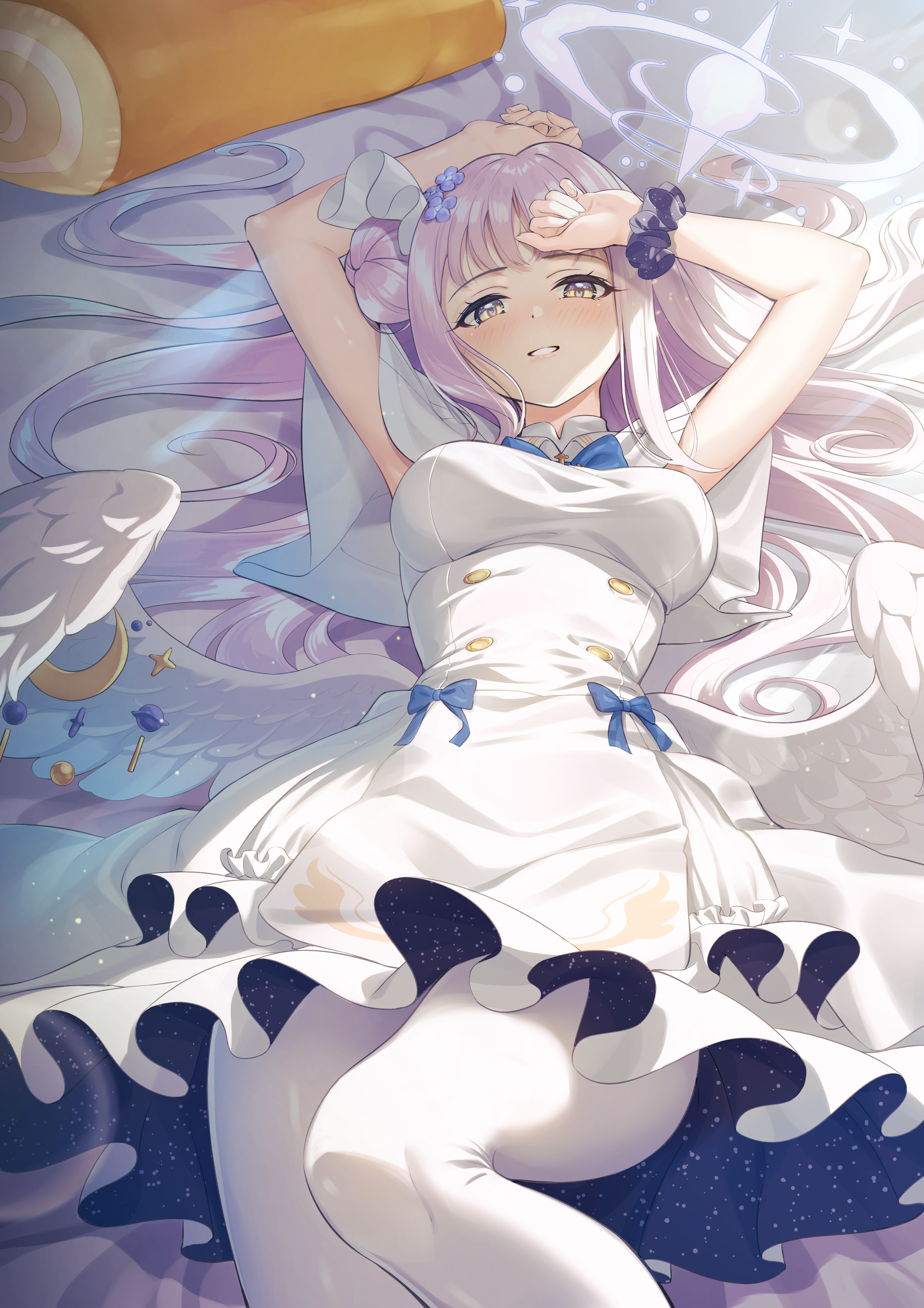 1girl absurdres blue_archive blush capelet dress flower frilled_dress frills hair_bun hair_flower hair_ornament halo highres long_hair looking_at_viewer mika_(blue_archive) open_mouth pantyhose pink_hair pink_halo purple_flower purple_scrunchie rice_rabbit22 scrunchie single_side_bun smile solo white_capelet white_dress white_pantyhose wrist_scrunchie yellow_eyes