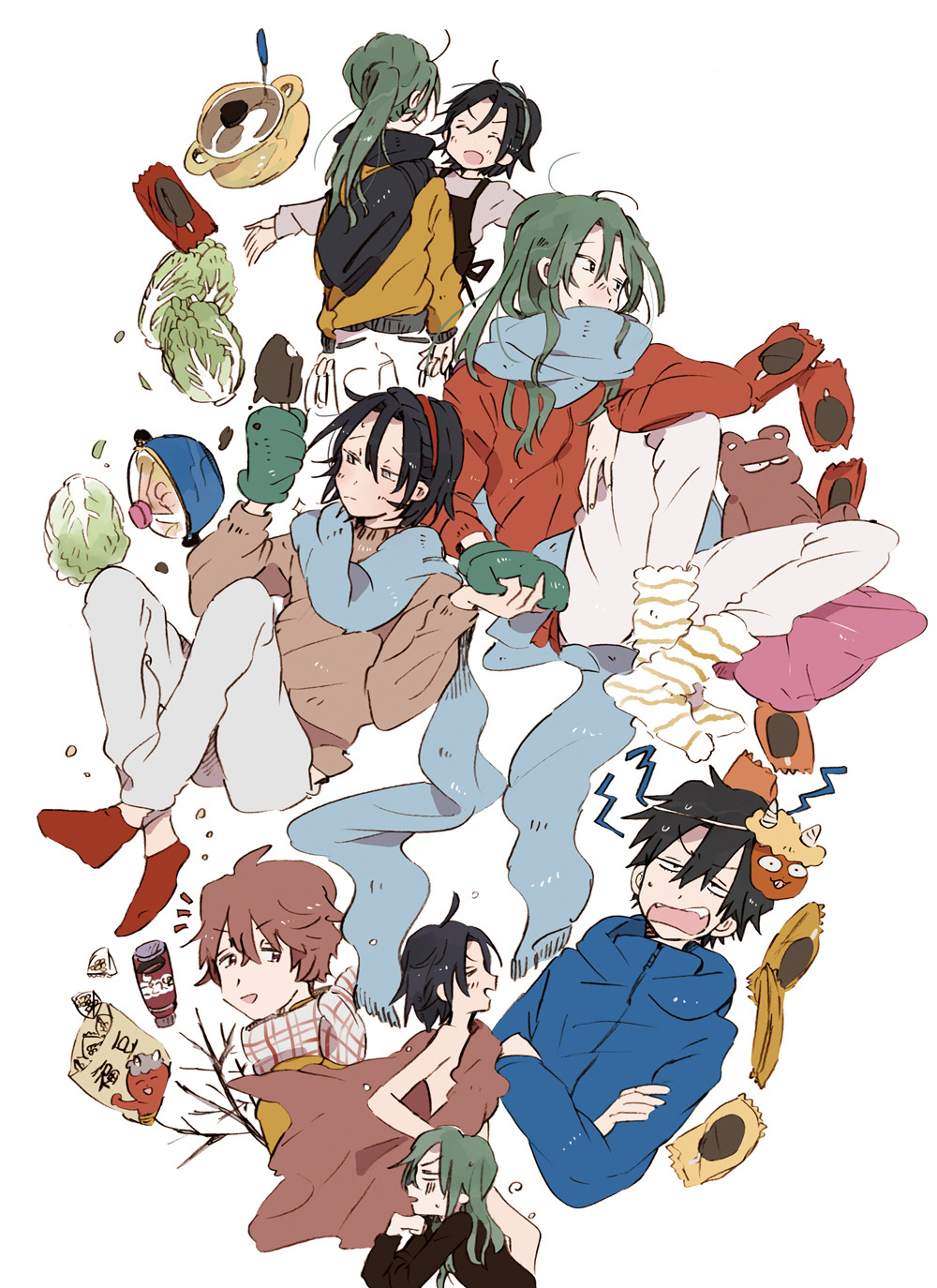 4boys ^_^ ahoge ankle_socks apron back_bow backpack bag black_apron black_bag black_hair black_hood black_ribbon black_shirt black_sleeves blue_hood blue_jacket blue_scarf blush_stickers bow brown_sleeves brown_sweater cabbage clenched_hand closed_eyes closed_mouth collared_jacket completely_nude convenient_censoring cooking_pot crossed_arms crumbs fangs food fringe_trim from_behind frown full_body gloves green_gloves green_hair green_hairband grey_pants grey_shirt grey_sleeves h_kawa hair_between_eyes hairband hand_on_own_chin high_collar highres holding_hands hood hood_down hooded_jacket hoodie ibitani_ryou jacket long_hair machimiya_eikichi makishima_yuusuke male_focus mask mask_on_head multiple_boys multiple_views notice_lines nude oni_mask open_mouth outstretched_arms pants plaid_clothes plaid_scarf plastic_bag pocket ponytail popsicle red_hair red_hairband red_sleeves red_socks red_sweater ribbon saucer scarf shirt short_hair simple_background smile socks spoon striped_clothes striped_socks sweater teeth toudou_jinpachi towel upper_body upper_teeth_only v-shaped_eyebrows white_background white_pants white_scarf white_socks yaoi yellow_hoodie yellow_sleeves yowamushi_pedal zipper
