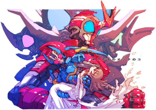 1girl armor black_bodysuit blue_eyes bodysuit dress full_body helmet hiyori_kusakabe kagami_arata kamen_rider kamen_rider_gatack kamen_rider_kabuto kamen_rider_kabuto_(series) kusakabe_hiyori looking_at_viewer nakayama_tooru pink_eyes rider_kabuto rider_sasword simple_background tendo_souji translated uniform white_background white_dress